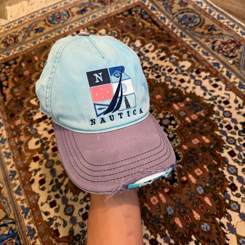 Vintage Nautica Hat Mens Blue Distressed Baseball Cap Sailboat‎ Graphic Logo